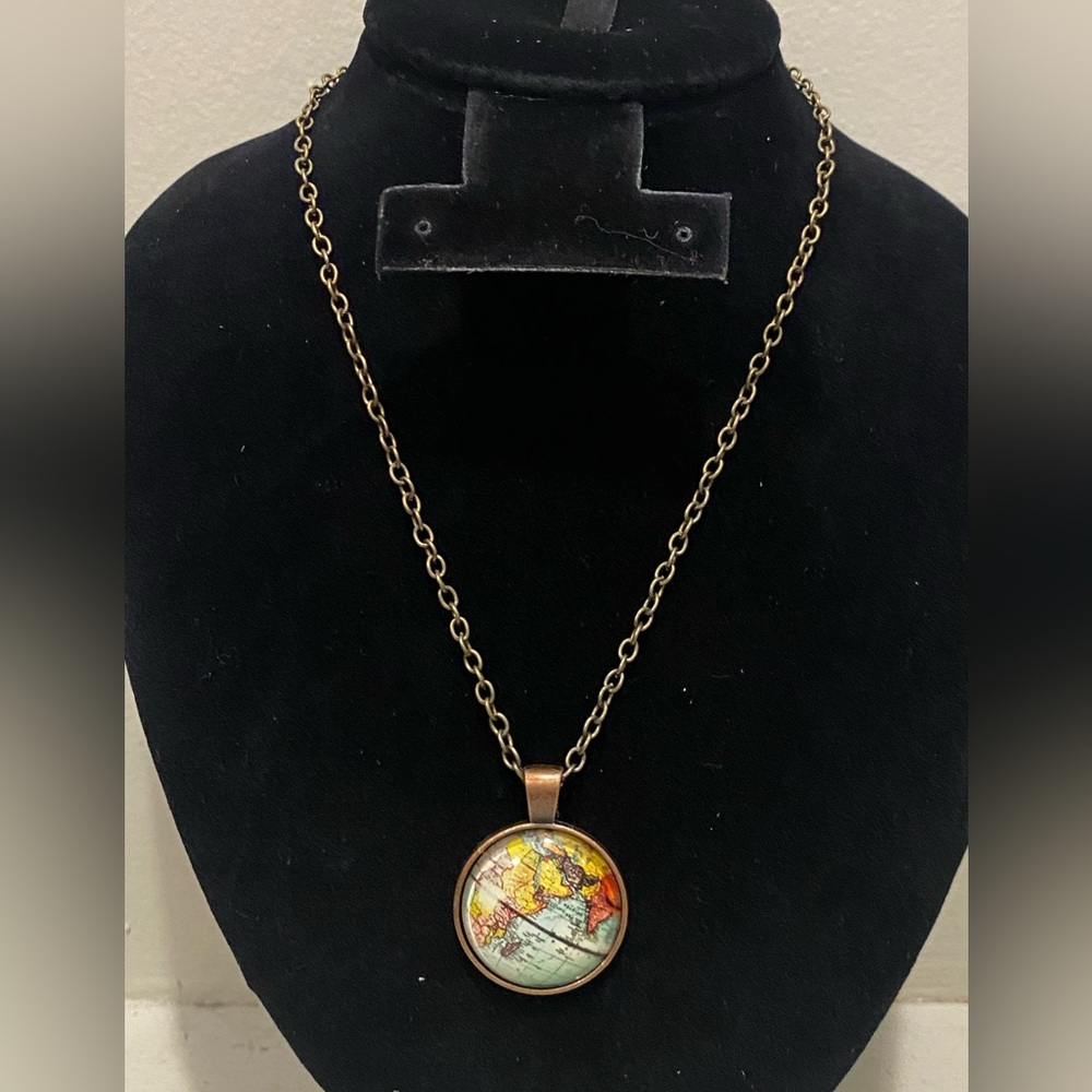 Vintage Map Bubble Dome Pendant Antique Bronze Necklace 16 1/2”